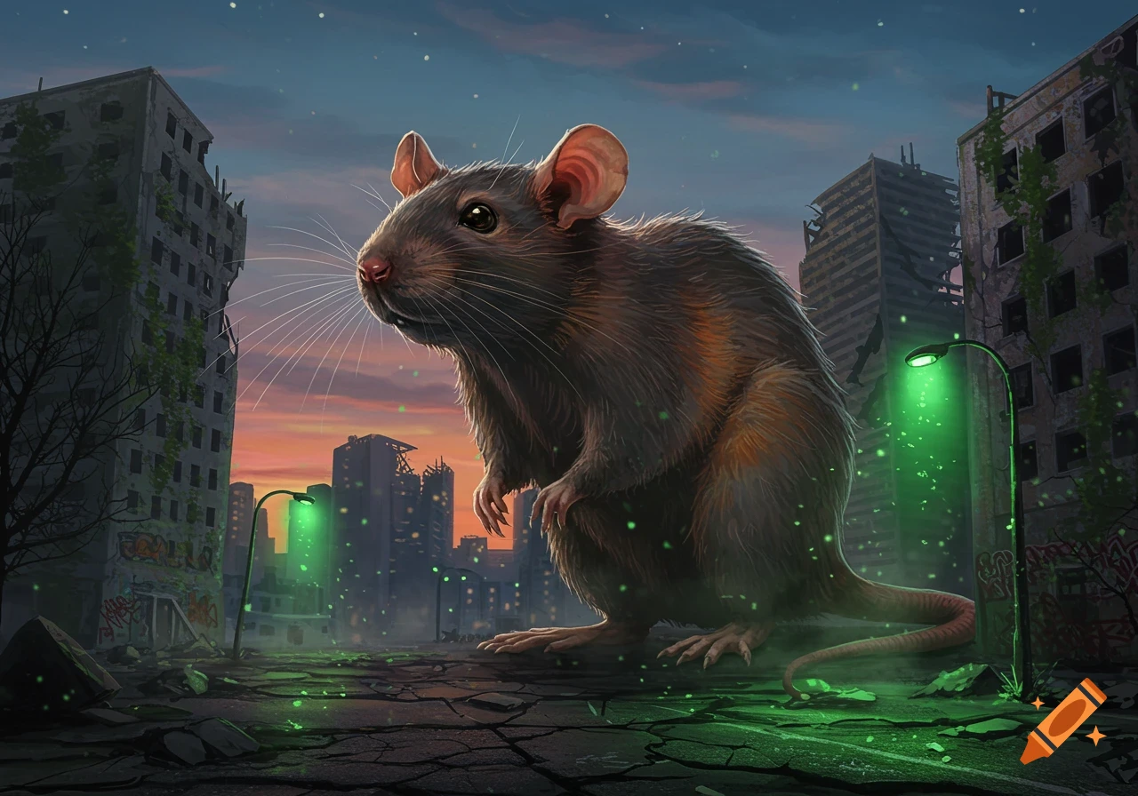 A giant rat stands on cracked ground in a ruined, post-apocalyptic city at sunset, with green glowing streetlights.