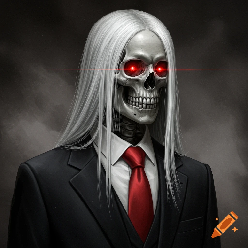 A stylized portrait of a skeleton with long white hair and glowing red eyes, wearing a black suit and a red tie.