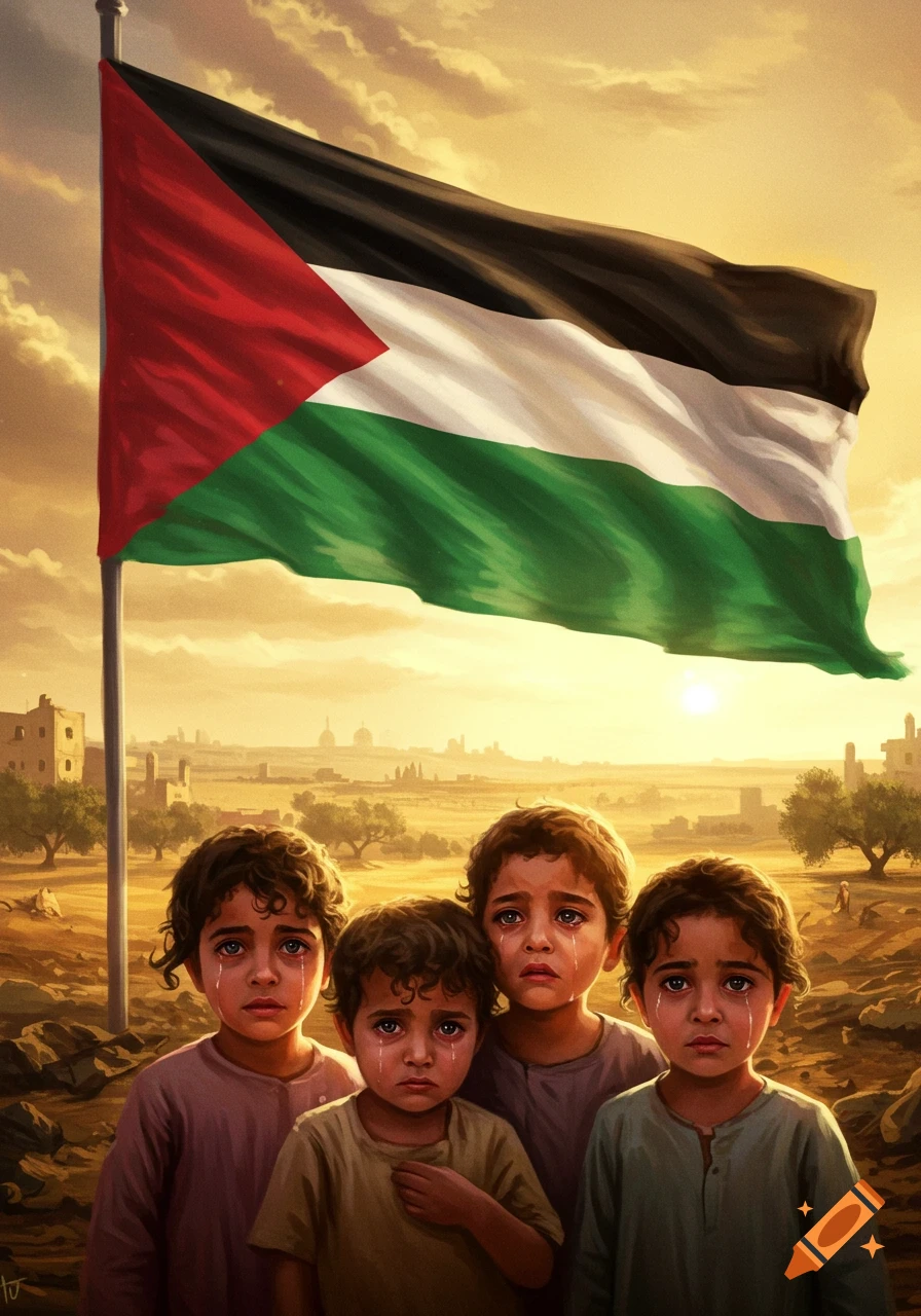 Four crying children with dark, curly hair stand before a large Palestinian flag under a golden sunset sky, with a barren landscape behind them, illustrated.