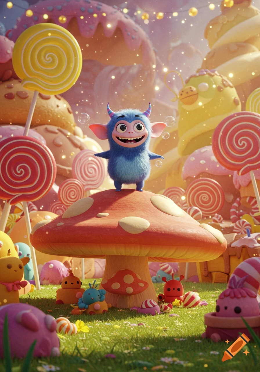 A cute blue furry monster with small horns stands on a large spotted mushroom in a vibrant fantasy candy land filled with lollipops.