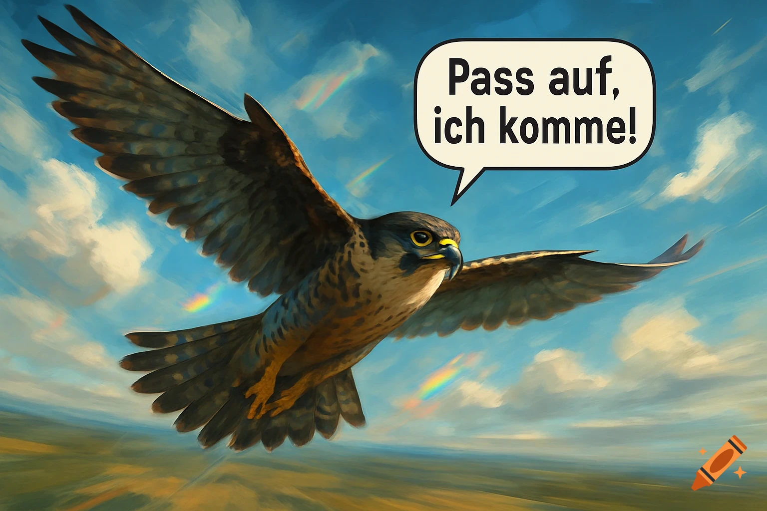 A majestic, painterly falcon soars across a vibrant blue sky with rainbows, a speech bubble saying 'Watch out, I'm coming!'