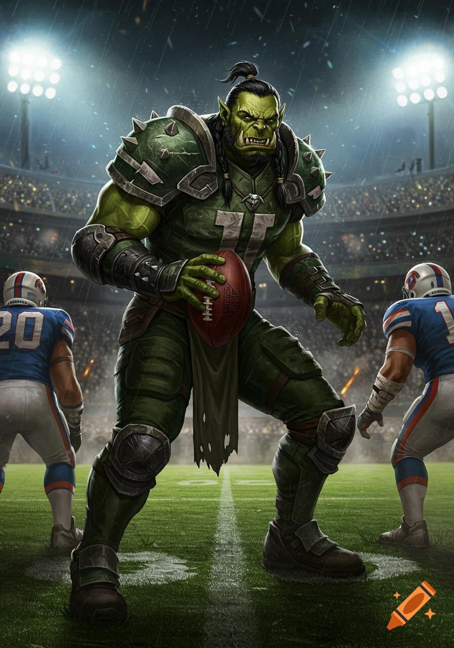 A muscular green orc quarterback in spiked armor holds a football on a rainy stadium field, with two human players in blue jerseys in the background.