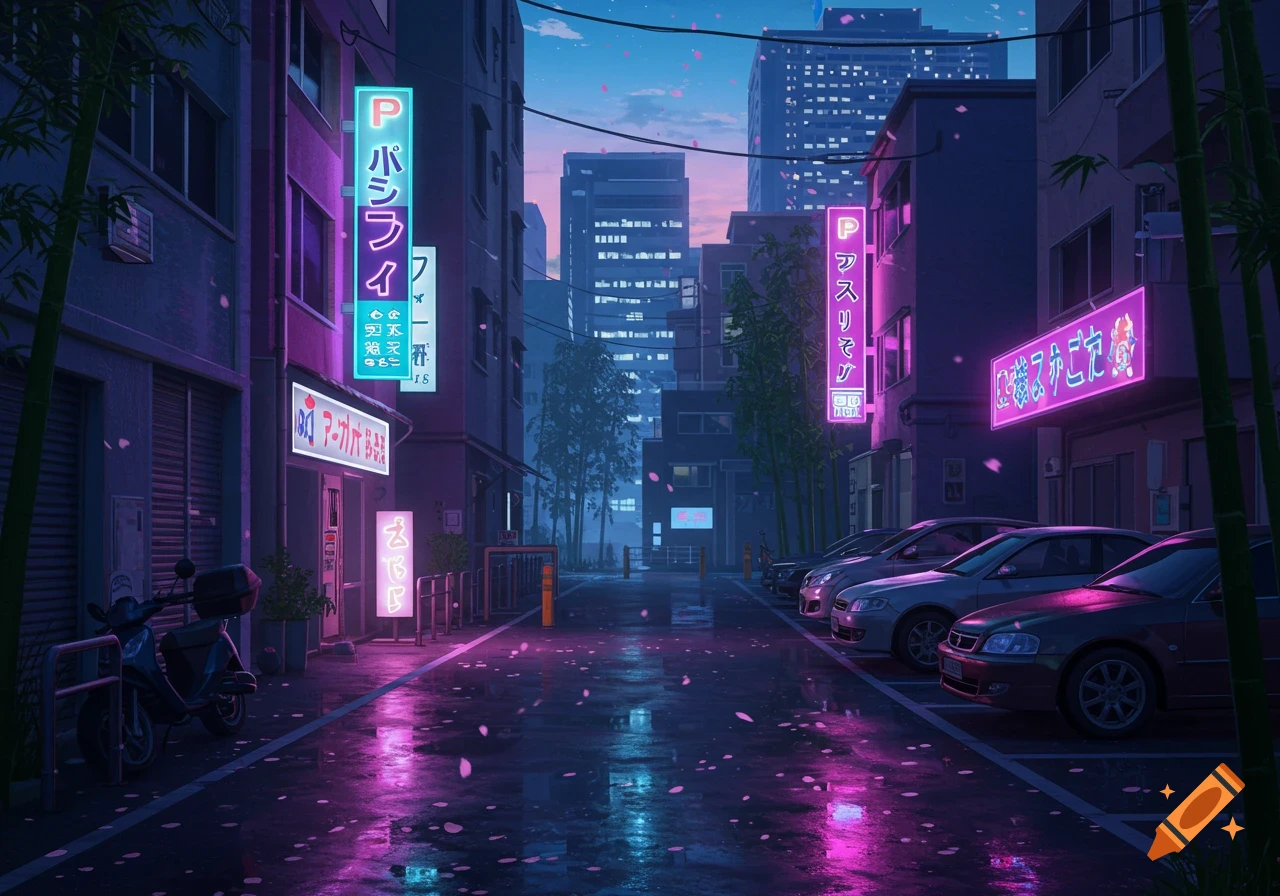 A vibrant, neon-lit city street at dusk, with buildings on both sides, parked cars, a scooter, and a wet road reflecting purple and blue lights.