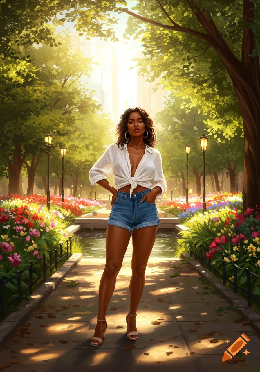 Digital painting of a woman in a white knotted shirt and denim shorts, standing confidently on a sunny park pathway with blooming flowers and trees.