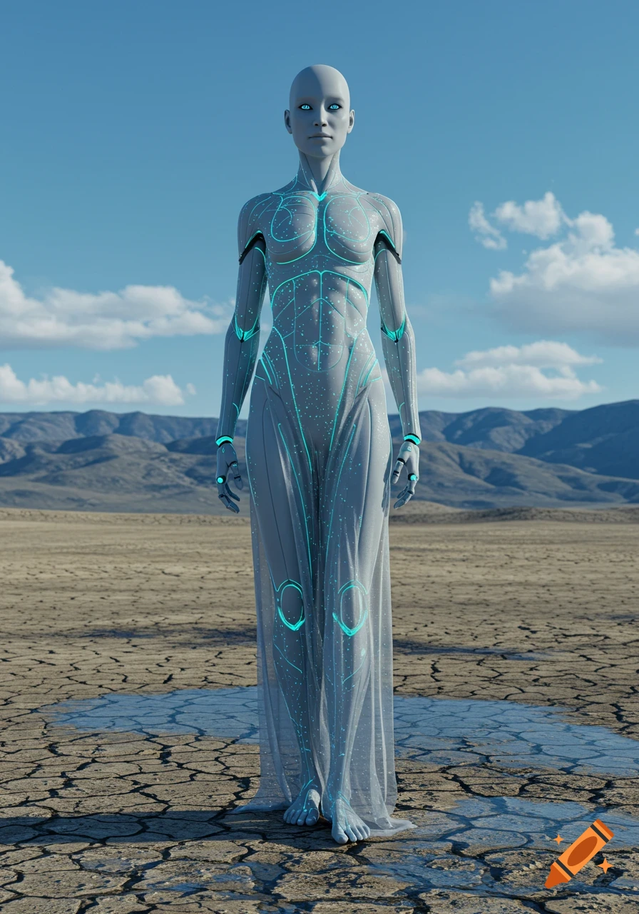 A photorealistic metallic grey robot with glowing blue lines and a translucent gown stands in a cracked desert.
