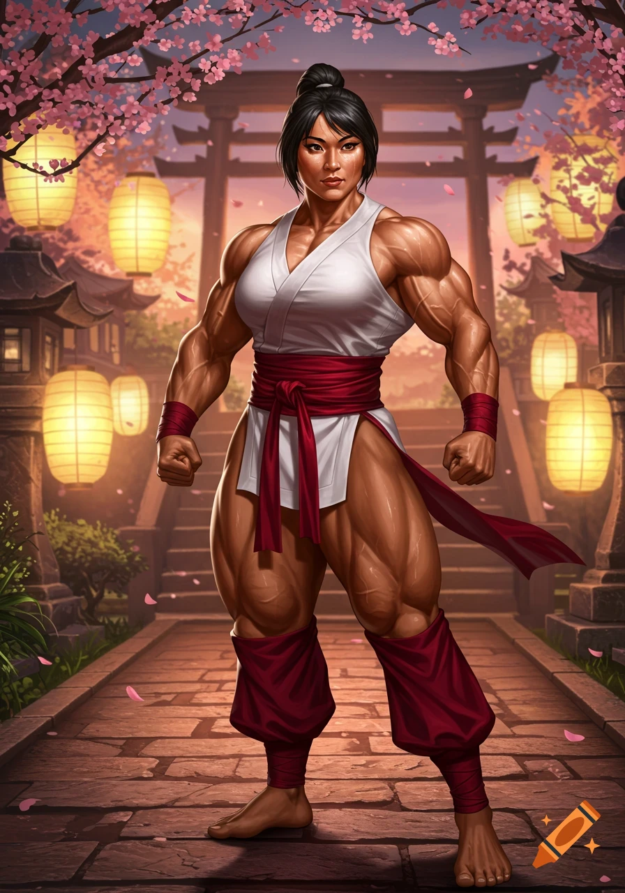 A muscular Asian woman in a white gi and red sash stands on a stone path with cherry blossoms and a torii gate background, digital art.