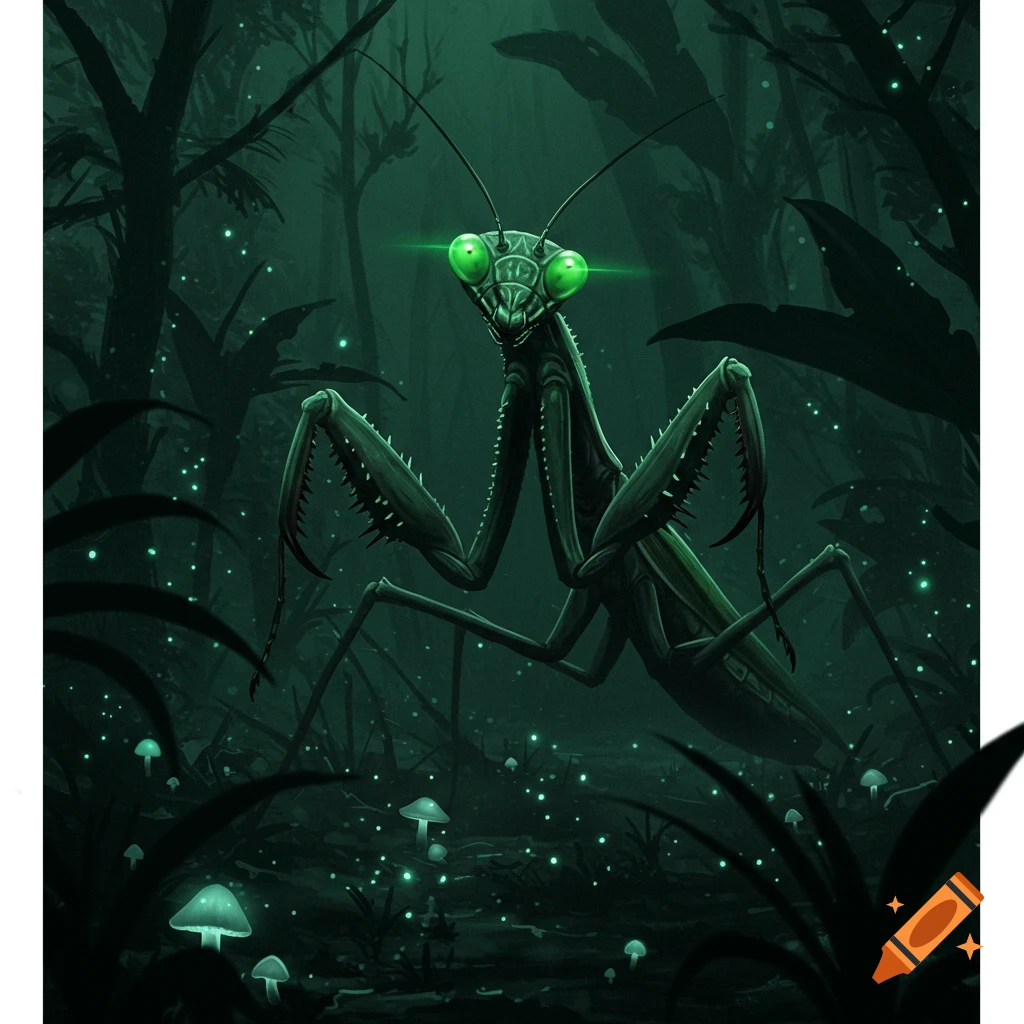 A dark green praying mantis with glowing eyes in a misty, dark forest with luminescent mushrooms and fireflies, dark fantasy art.