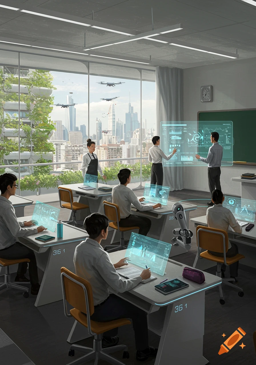 A futuristic classroom with students and teachers using transparent digital screens, robots, and a city skyline view.