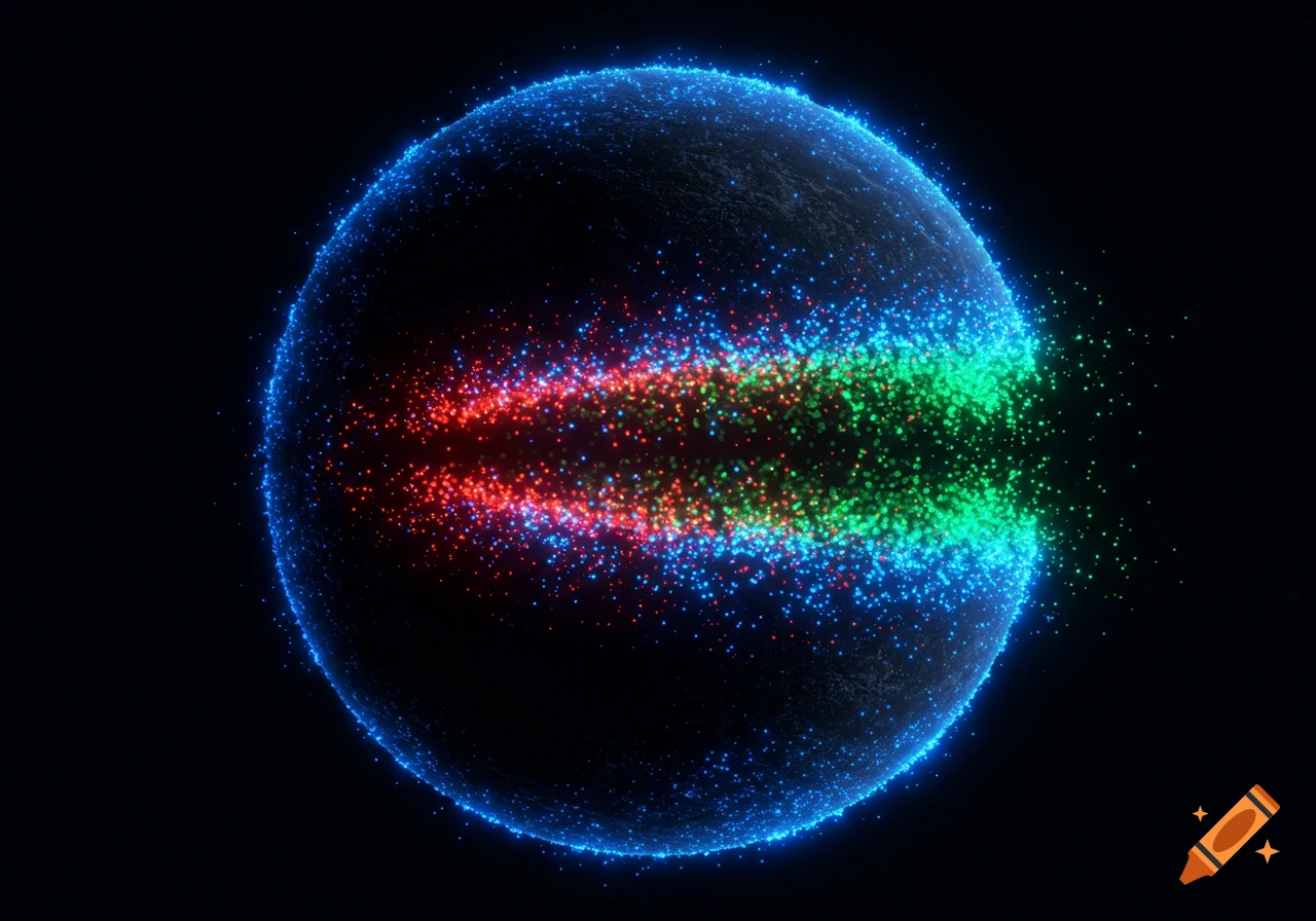 Abstract sphere with blue glowing outline and streams of red and green glowing particles on a black background.