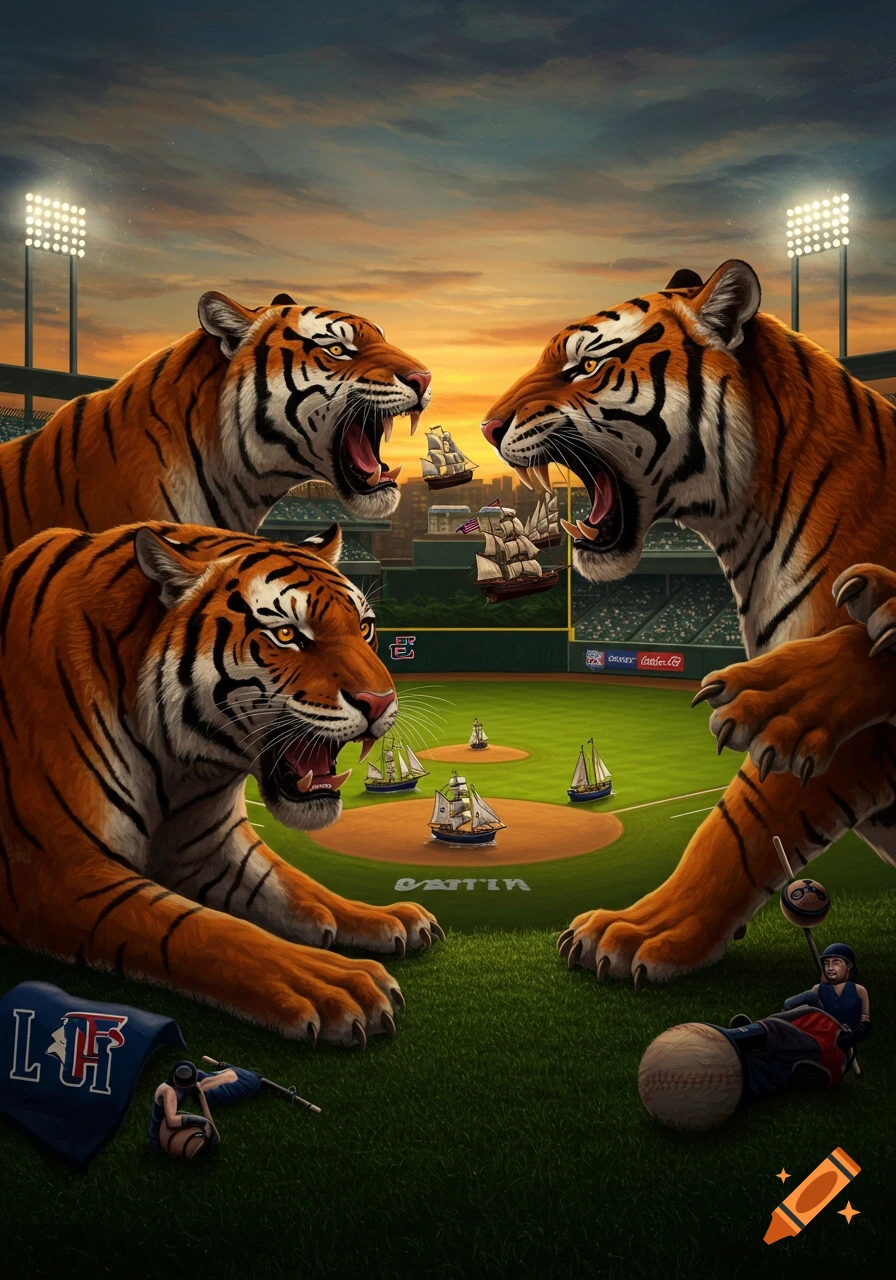 Three roaring tigers in a surreal baseball stadium, with small sailing ships on the field and baseball gear scattered on the grass at sunset.