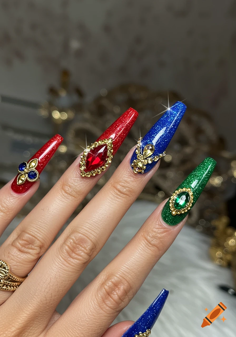 A hand with long, coffin-shaped nails in sparkling red, blue, and green, each adorned with ornate gold settings and colorful gemstones.