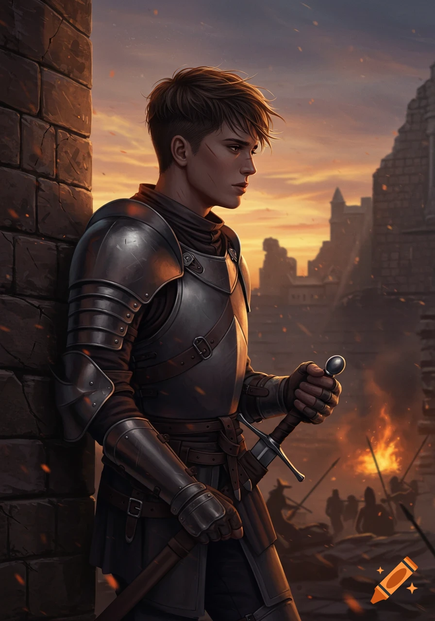 A young knight in dark armor holds a sword, leaning on a stone wall at sunset, with a burning, ruined city behind him.