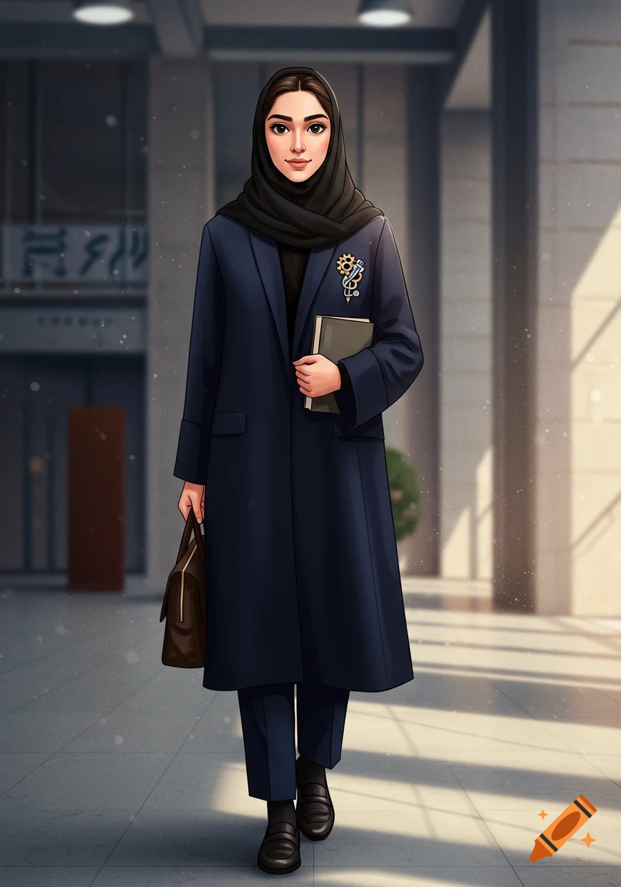 A confident woman in a black hijab and navy coat holds a book and briefcase, walking in a semi-realistic illustration.
