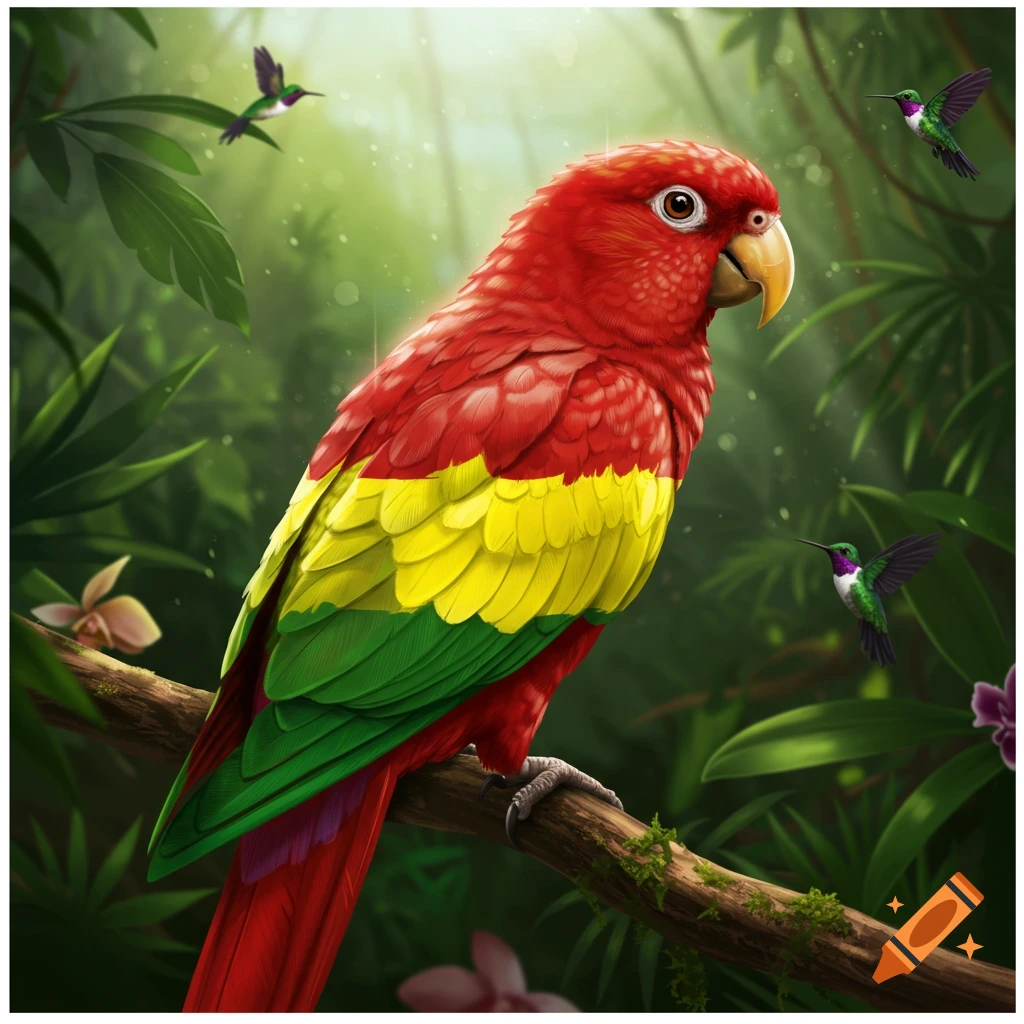 A vibrant red, yellow, and green parrot perches on a branch in a lush jungle with hummingbirds flying around.