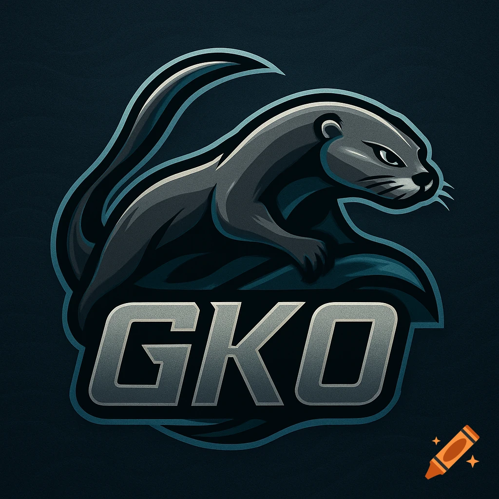 Stylized grey otter logo with 'GKO' below, for an e-sports team, on a dark blue background.