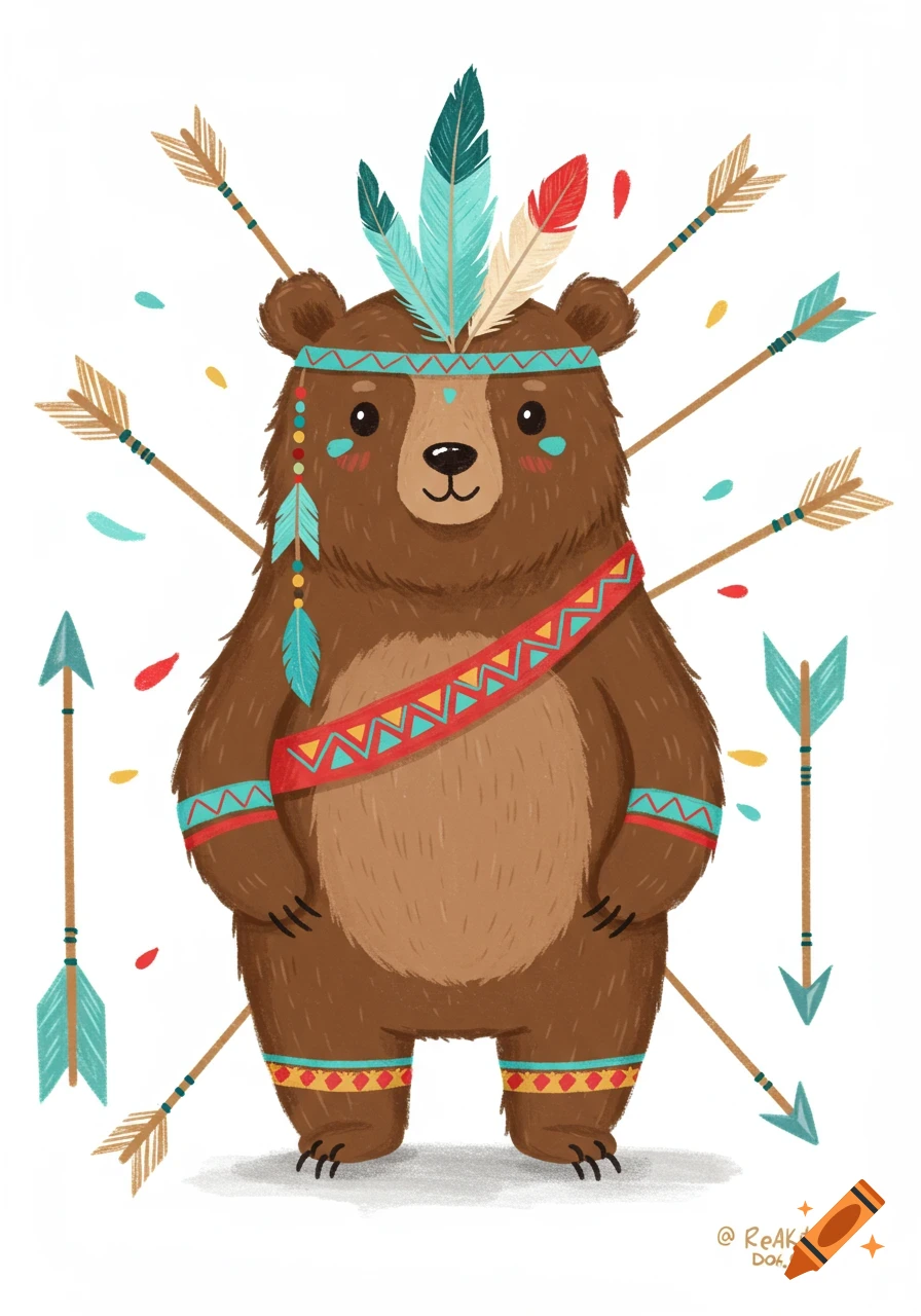 A whimsical illustration of a brown cartoon bear wearing a feathered headband and patterned bandolier, surrounded by colorful arrows.