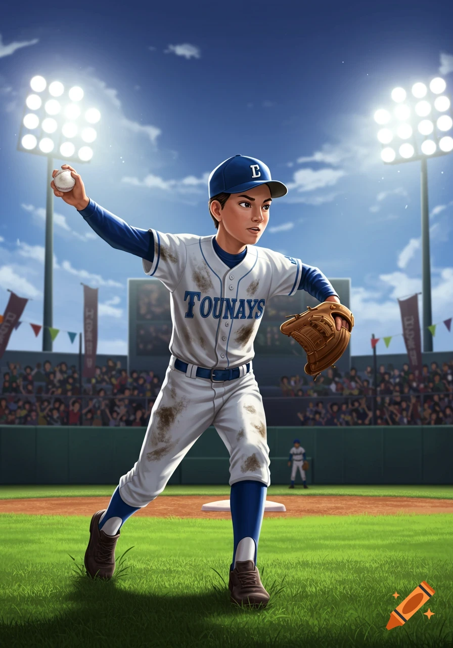 An illustration of a young baseball player in a dirty uniform throwing a baseball on a stadium field under bright lights.