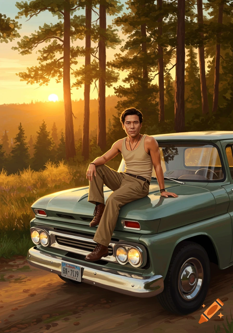 Man in tank top and pants sitting on hood of a green vintage pickup truck in a forest at sunset, painterly style.
