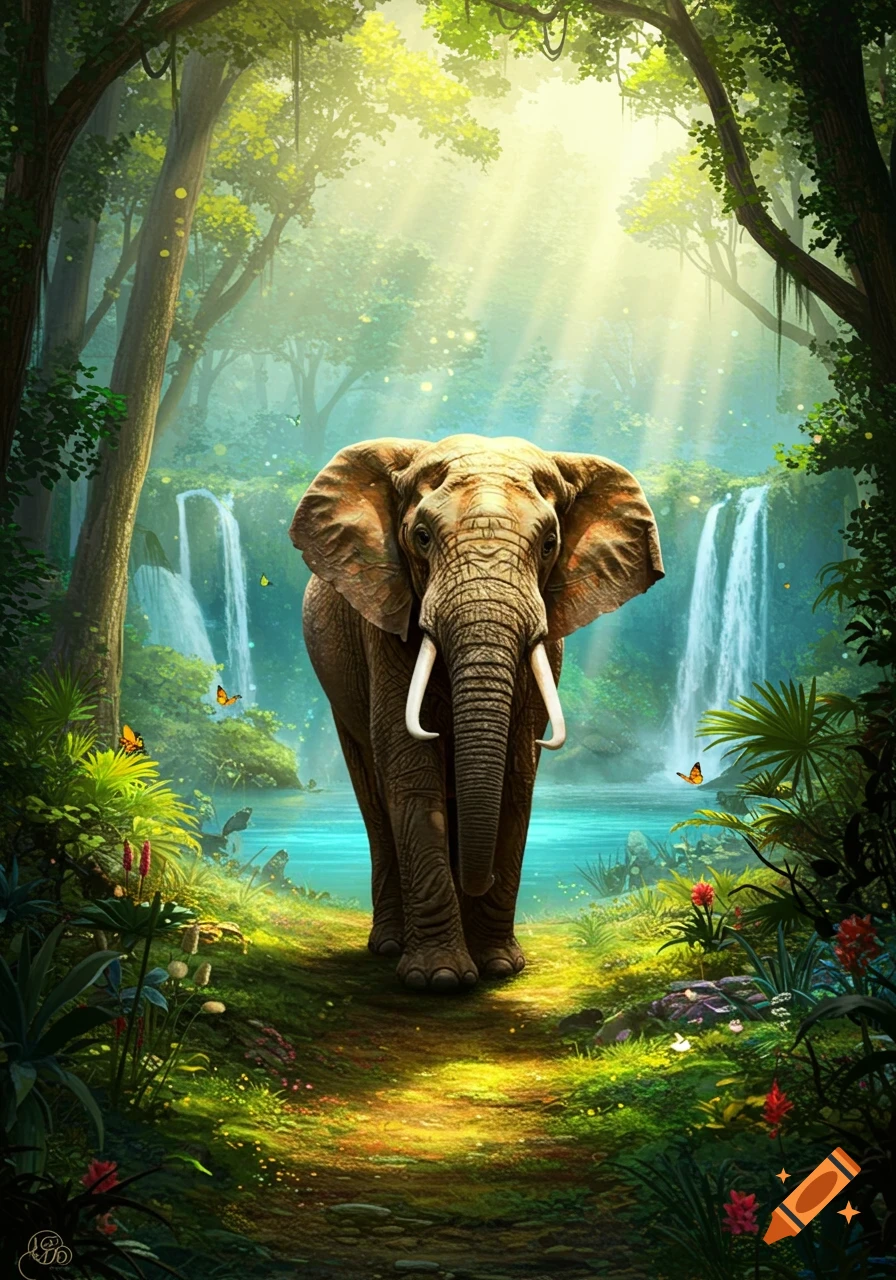 An elephant with large tusks walks on a sunlit path in a lush jungle with waterfalls and a river in the background.
