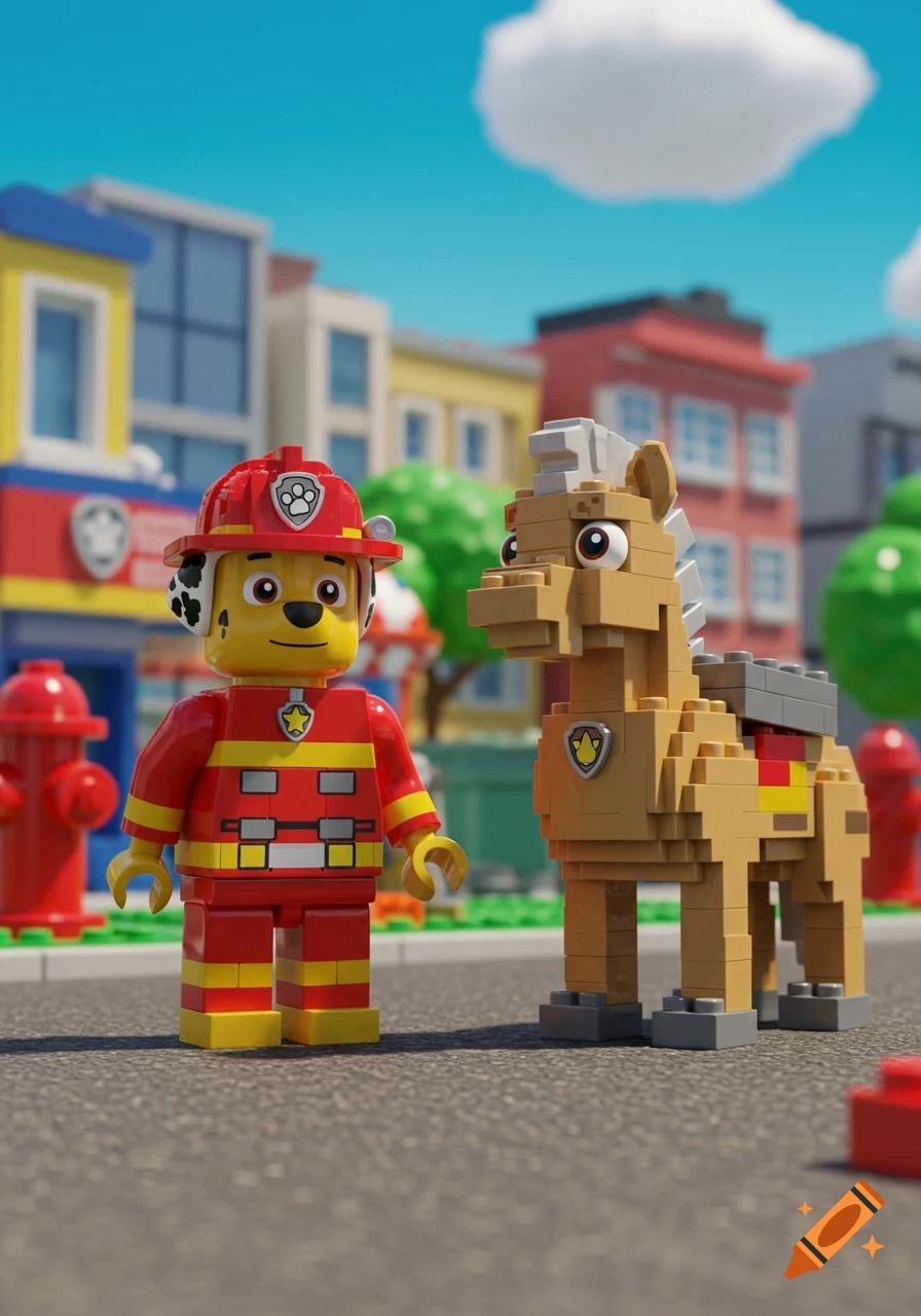A Lego Marshall, a firefighter dog from Paw Patrol, stands next to a brown Lego horse on a street.