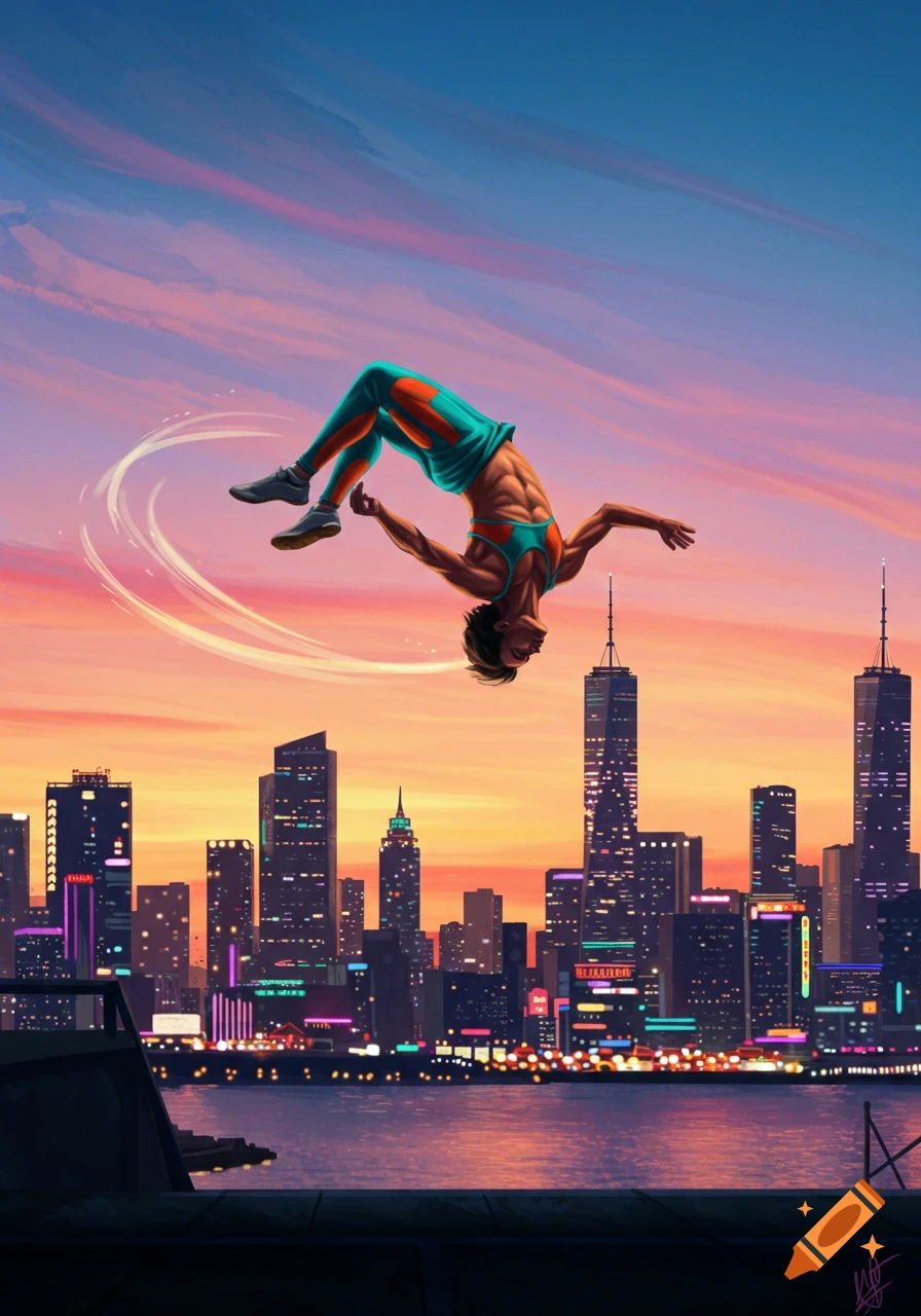 Stylized illustration of a person in athletic wear doing a backflip high above a vibrant city skyline at sunset.