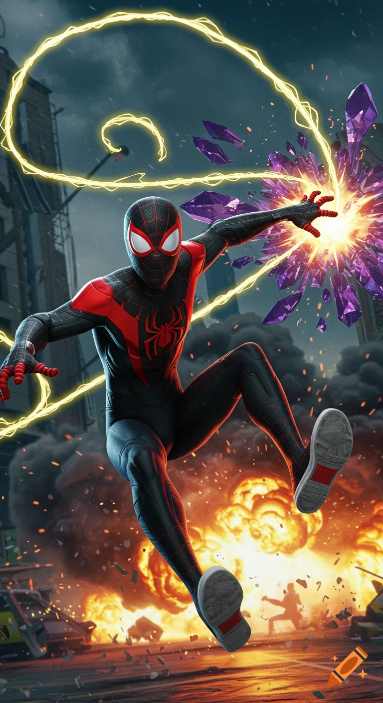 Miles Morales leaps through a dynamic, explosive city scene, casting yellow electric webs amidst purple crystal and fire explosions.