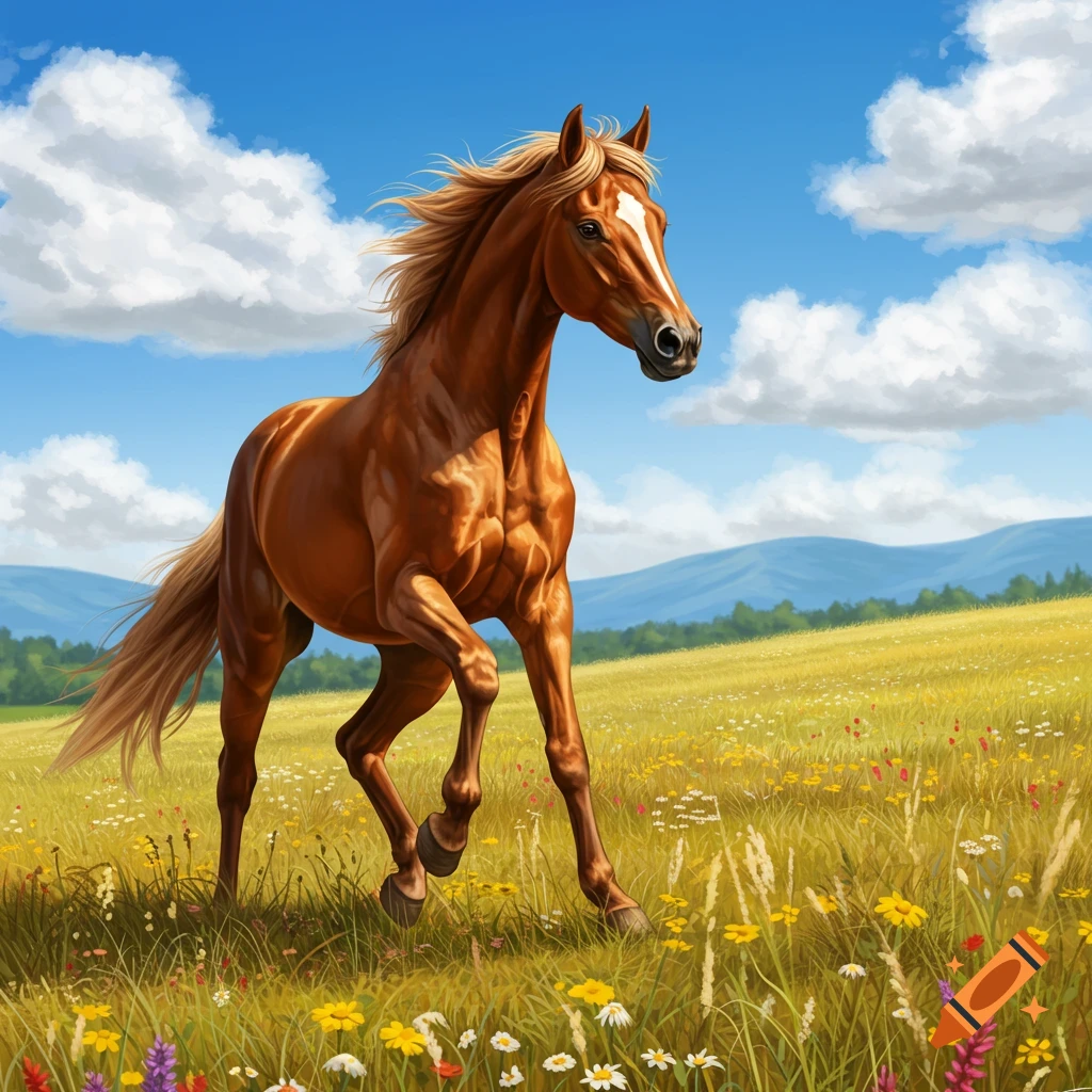 A majestic brown horse trots through a sunny meadow filled with colorful wildflowers, with distant mountains under a blue sky.