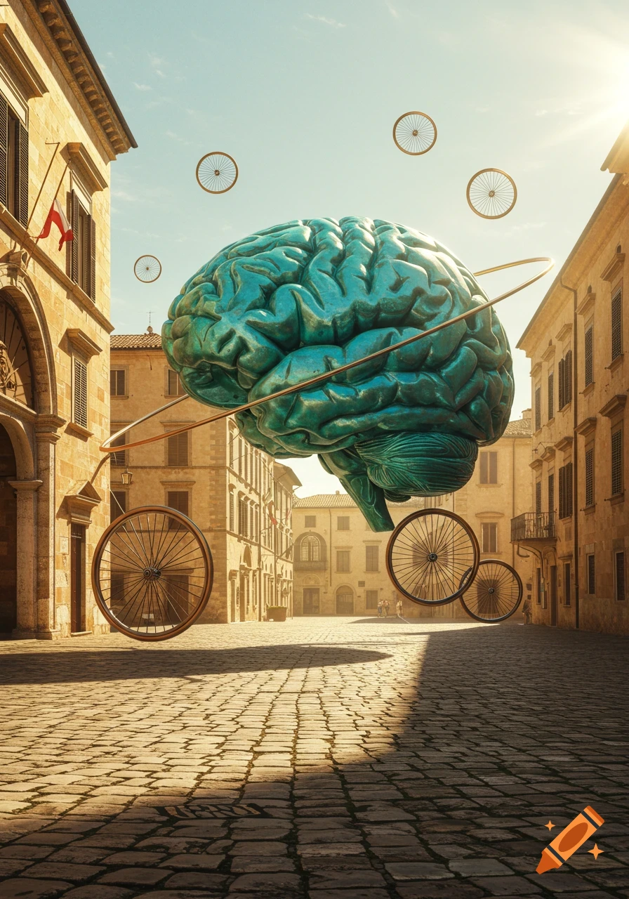 A giant teal brain and floating bicycle wheels in a surreal, sunny European town square.