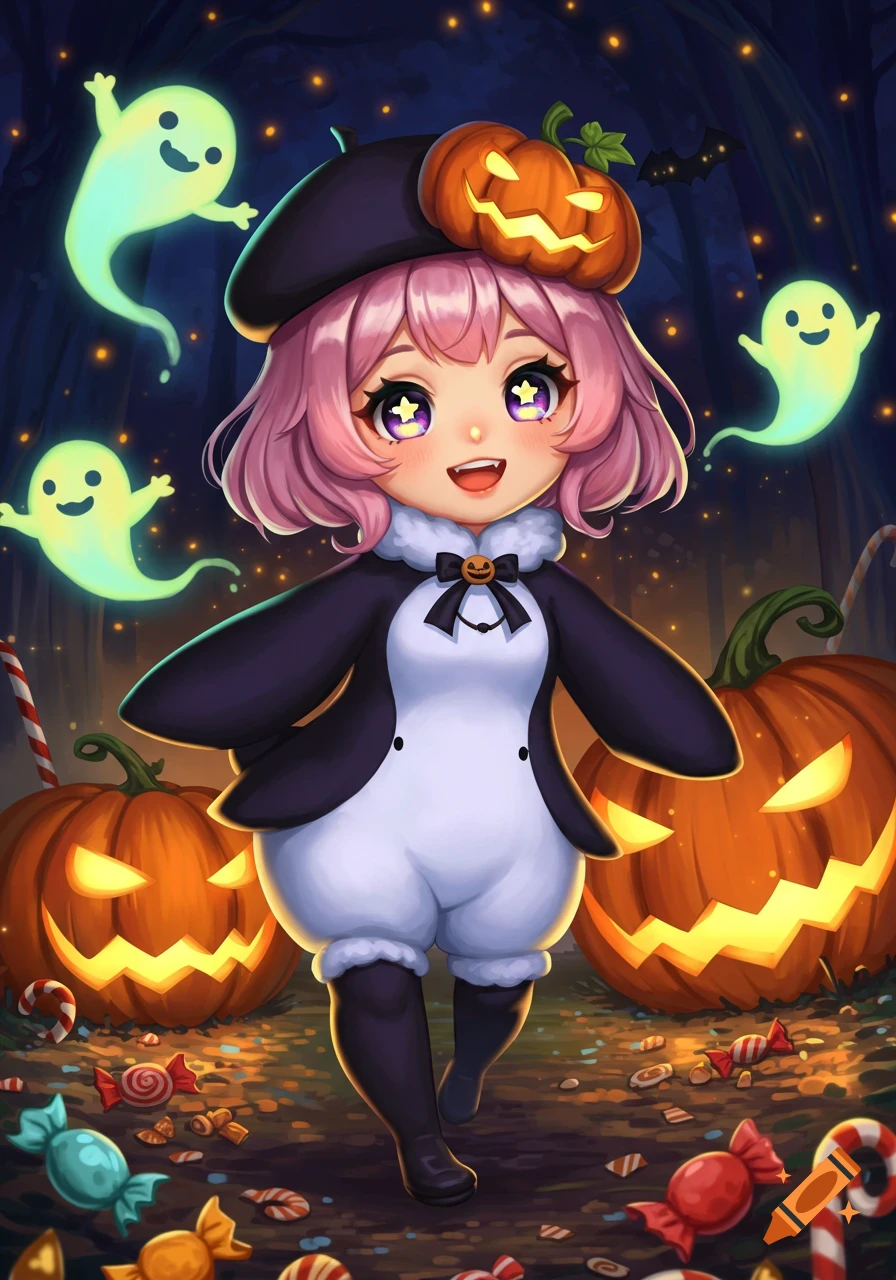 A cute anime girl with pink hair in a penguin costume and pumpkin hat, surrounded by glowing jack-o'-lanterns, ghosts, and candy in a spooky forest.