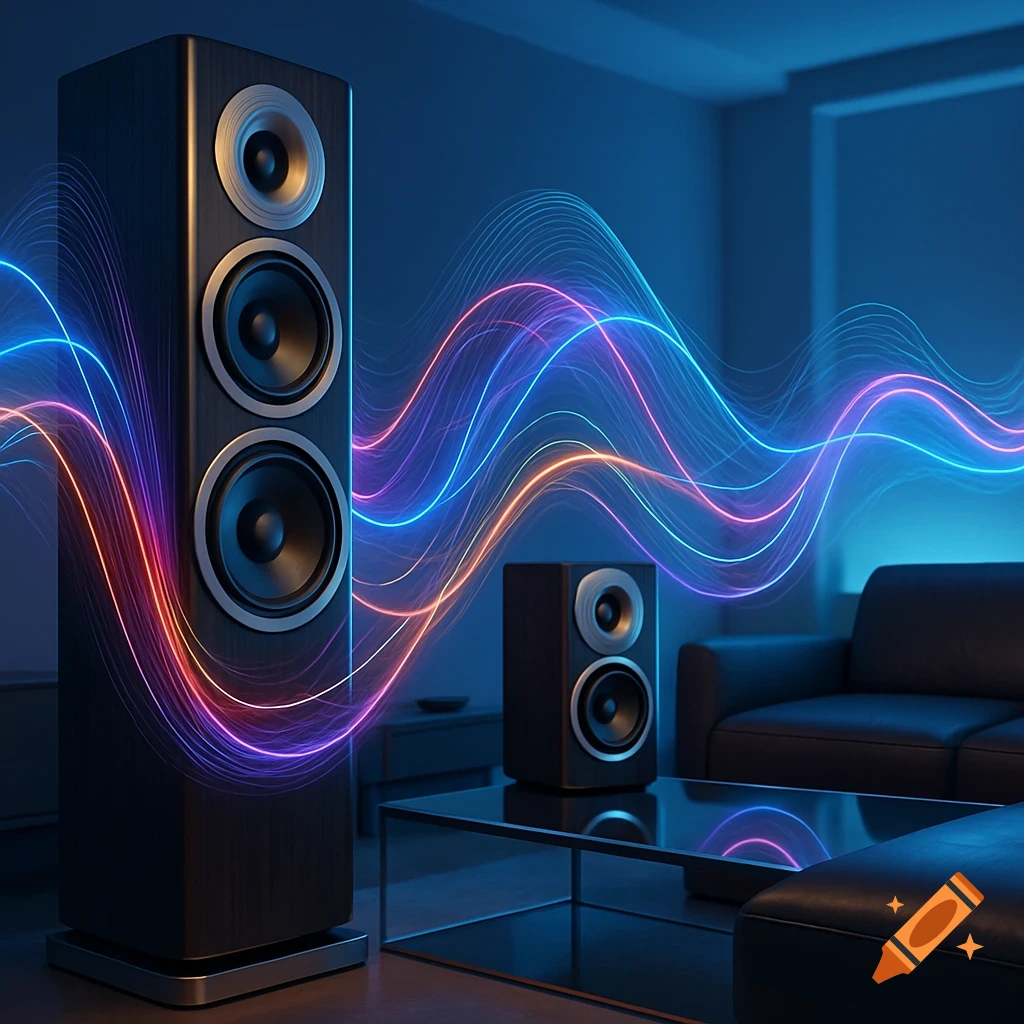 A photorealistic image of large black speakers with vibrant neon sound waves in a modern, blue-lit room.