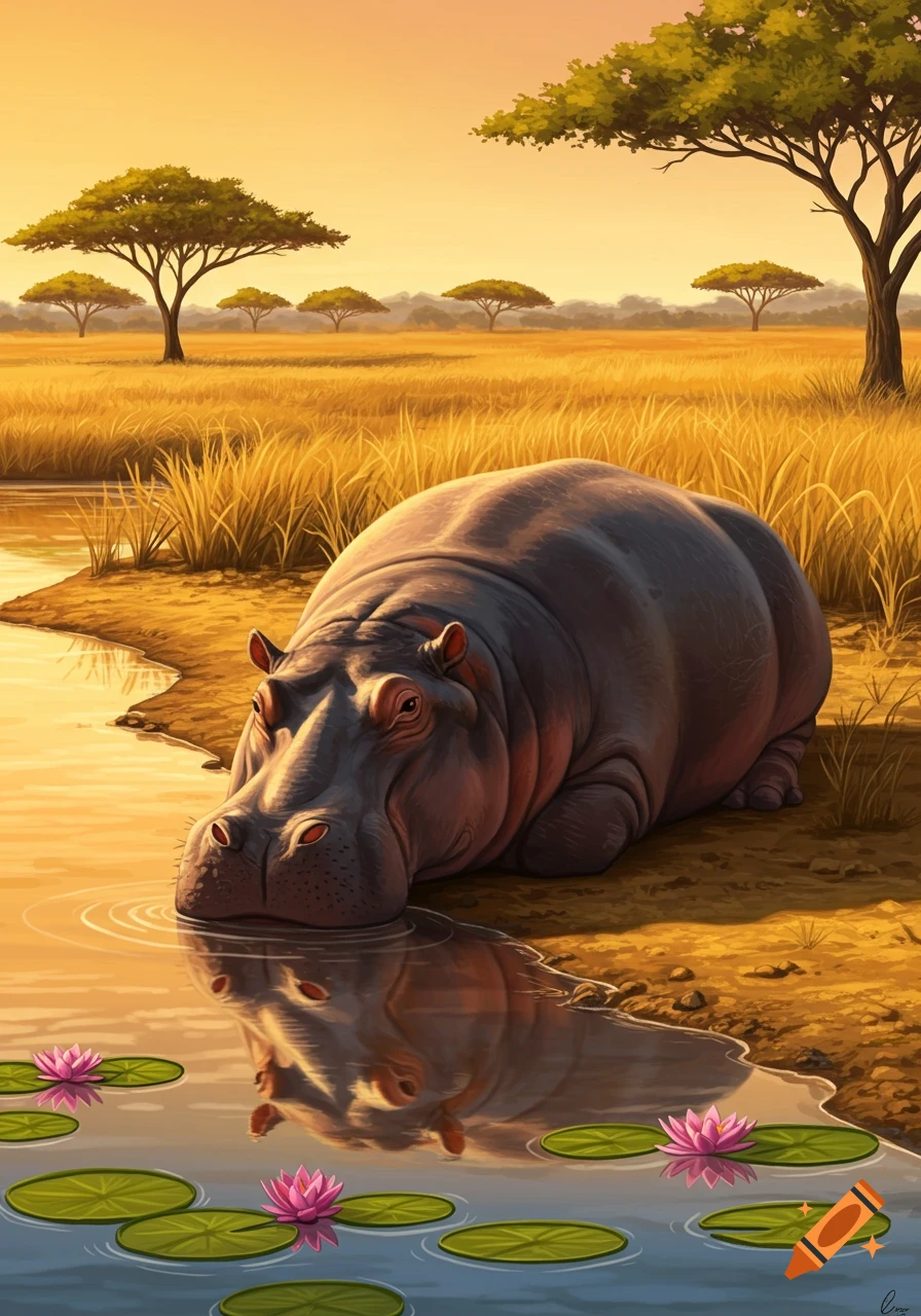 A large hippo rests by the water in a savanna at sunset, with its reflection and pink water lilies.