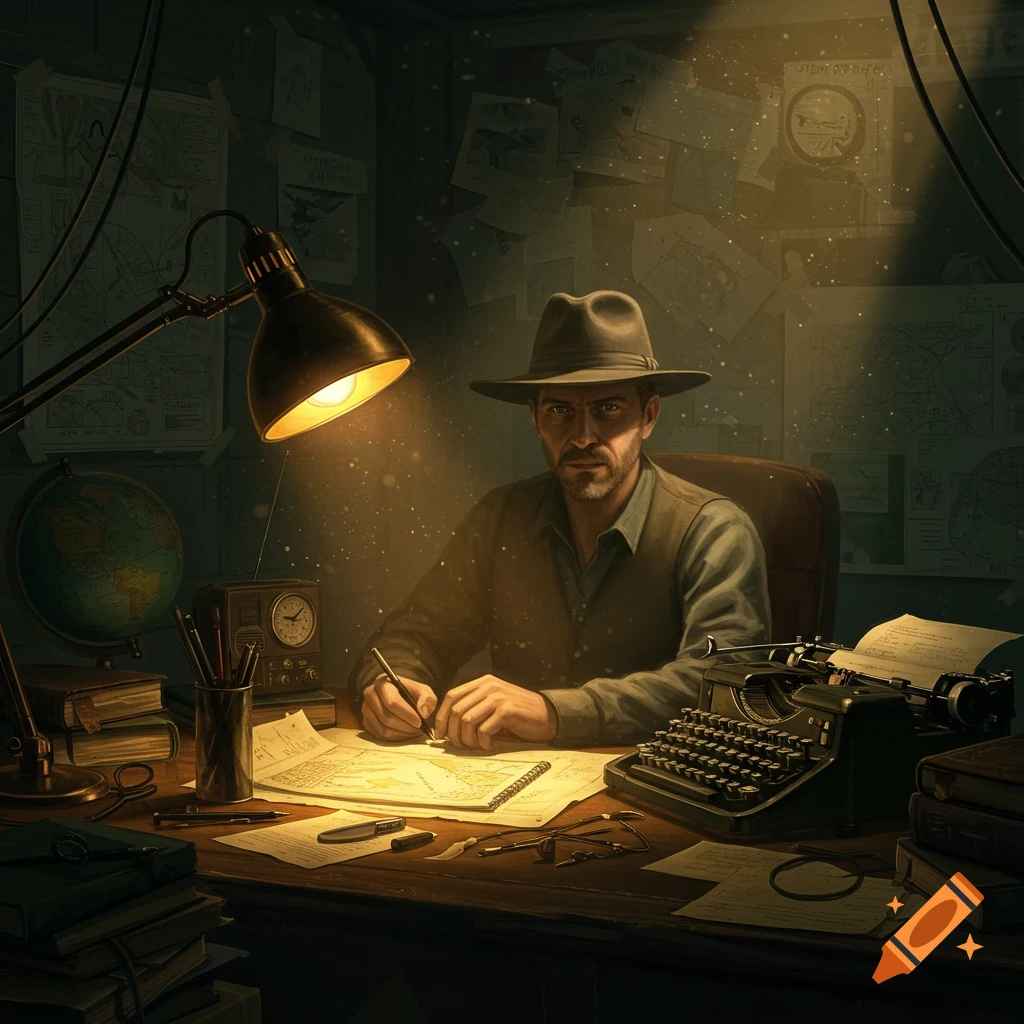 A serious man in a fedora sits at a dimly lit desk, surrounded by maps and documents, writing with a pen beside a vintage typewriter.