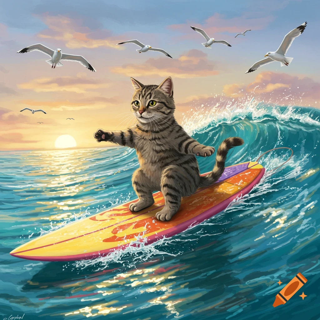 A tabby cat surfs a wave in the ocean at sunset, with seagulls flying in the pastel sky.