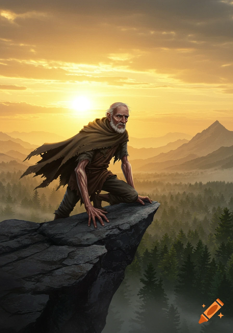 An old man in ragged clothes crawls on a rocky cliff overlooking a misty mountain forest at sunset.