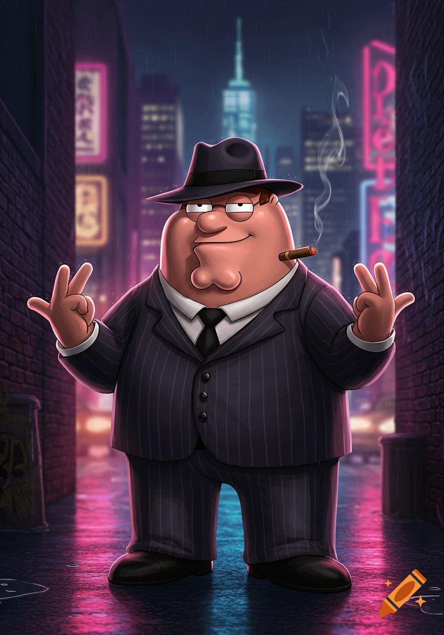 Peter Griffin, dressed as a gangster in a pinstripe suit and fedora, smokes a cigar and makes hand gestures in a neon-lit city alley at night. The style is a detailed, smooth cartoon.