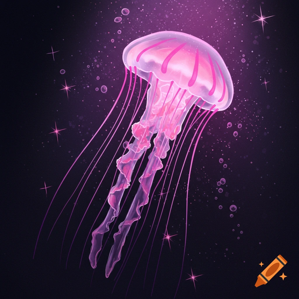 A vibrant pink jellyfish with long tentacles floats in a dark, sparkling purple background with bubbles and stars in a digital art style.