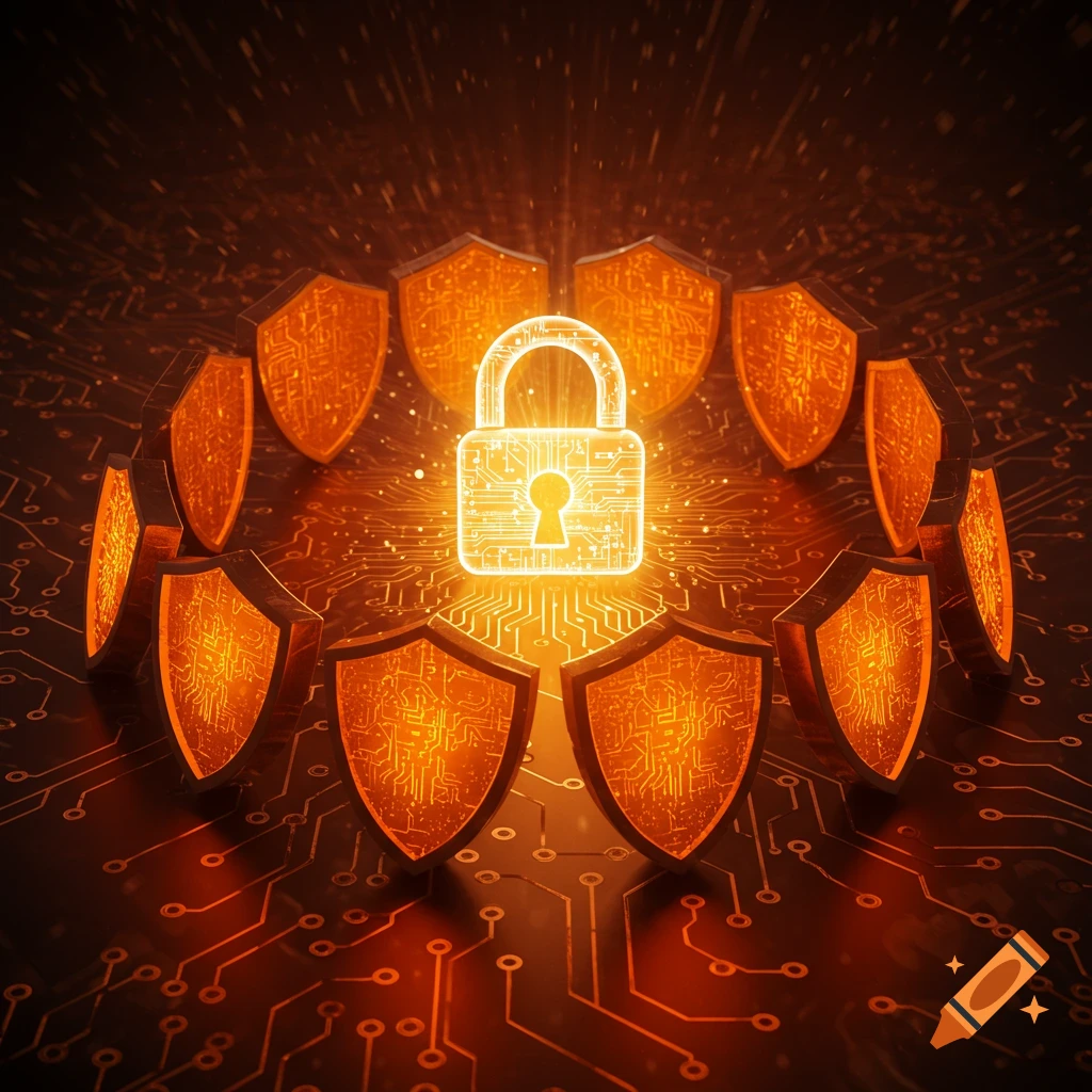 Glowing padlock and shields on an orange circuit board, symbolizing data security.