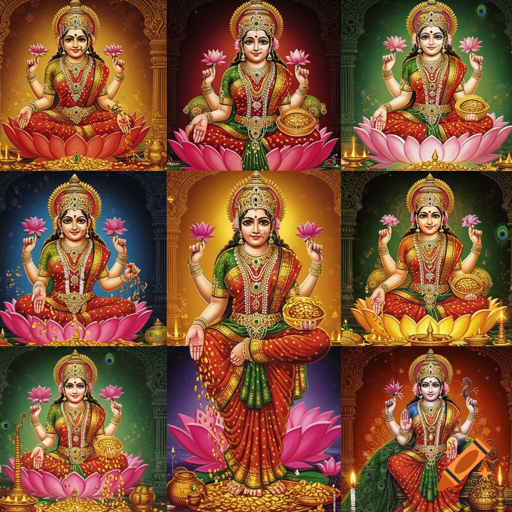 Nine vibrant illustrations of the Hindu goddess Mahalakshmi, adorned in red and gold, seated on or standing by pink lotus flowers, holding lotuses and coins.