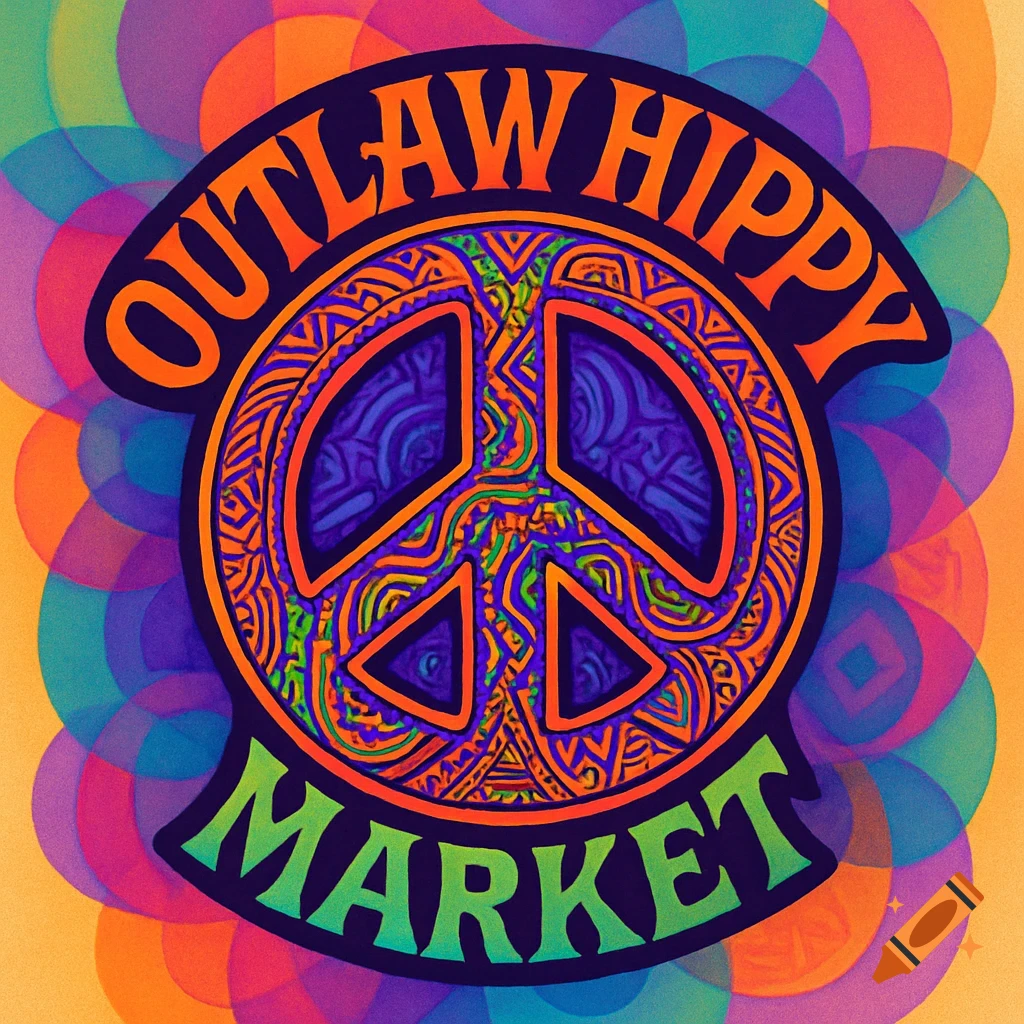 Psychedelic Outlaw Hippy Market logo featuring a colorful patterned peace sign and text on a vibrant background of overlapping circles.