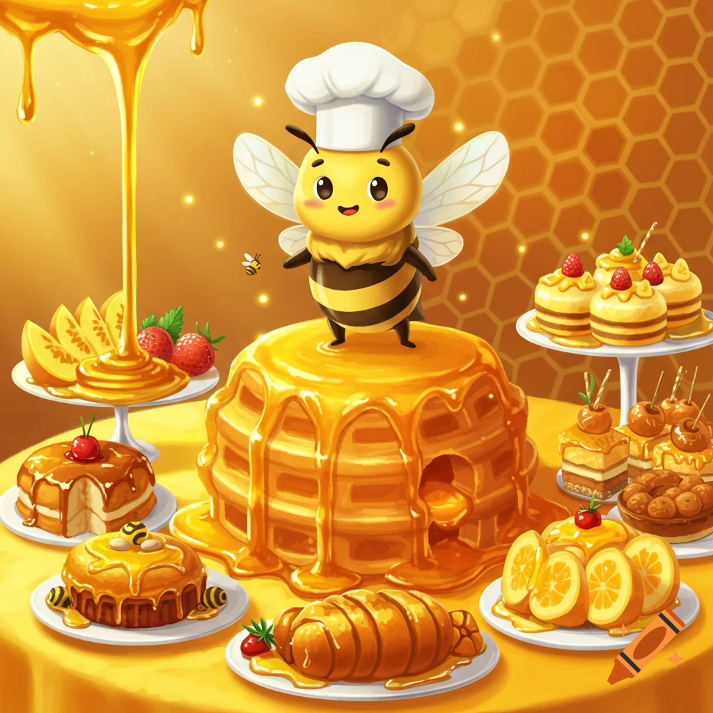 A cute cartoon chef honeybee on a honey-covered cake, surrounded by honey-drenched desserts on a golden background.