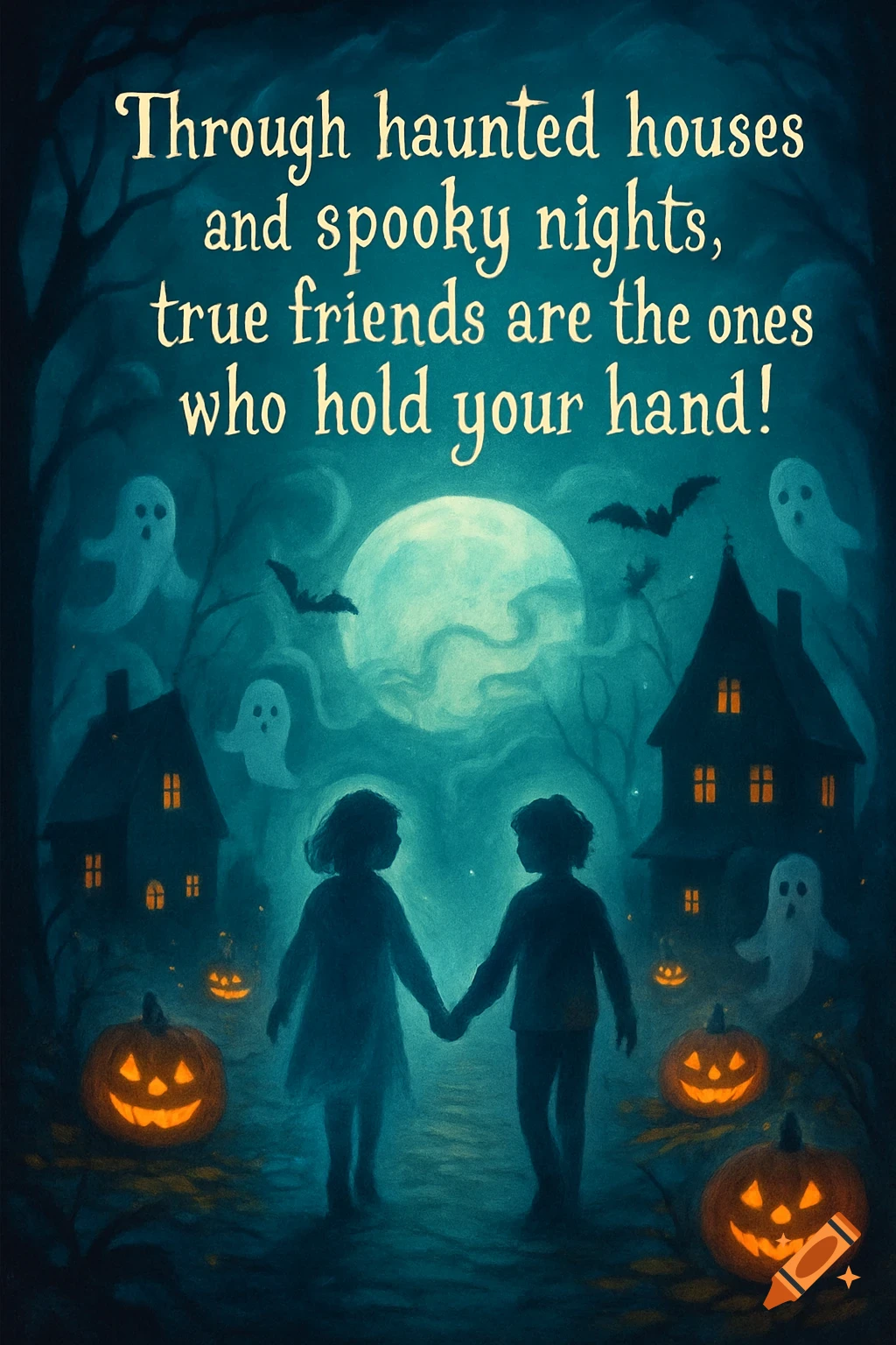 Halloween illustration of two children holding hands in a spooky forest with ghosts, bats, haunted houses, jack-o'-lanterns under a full moon, with a quote about friendship.