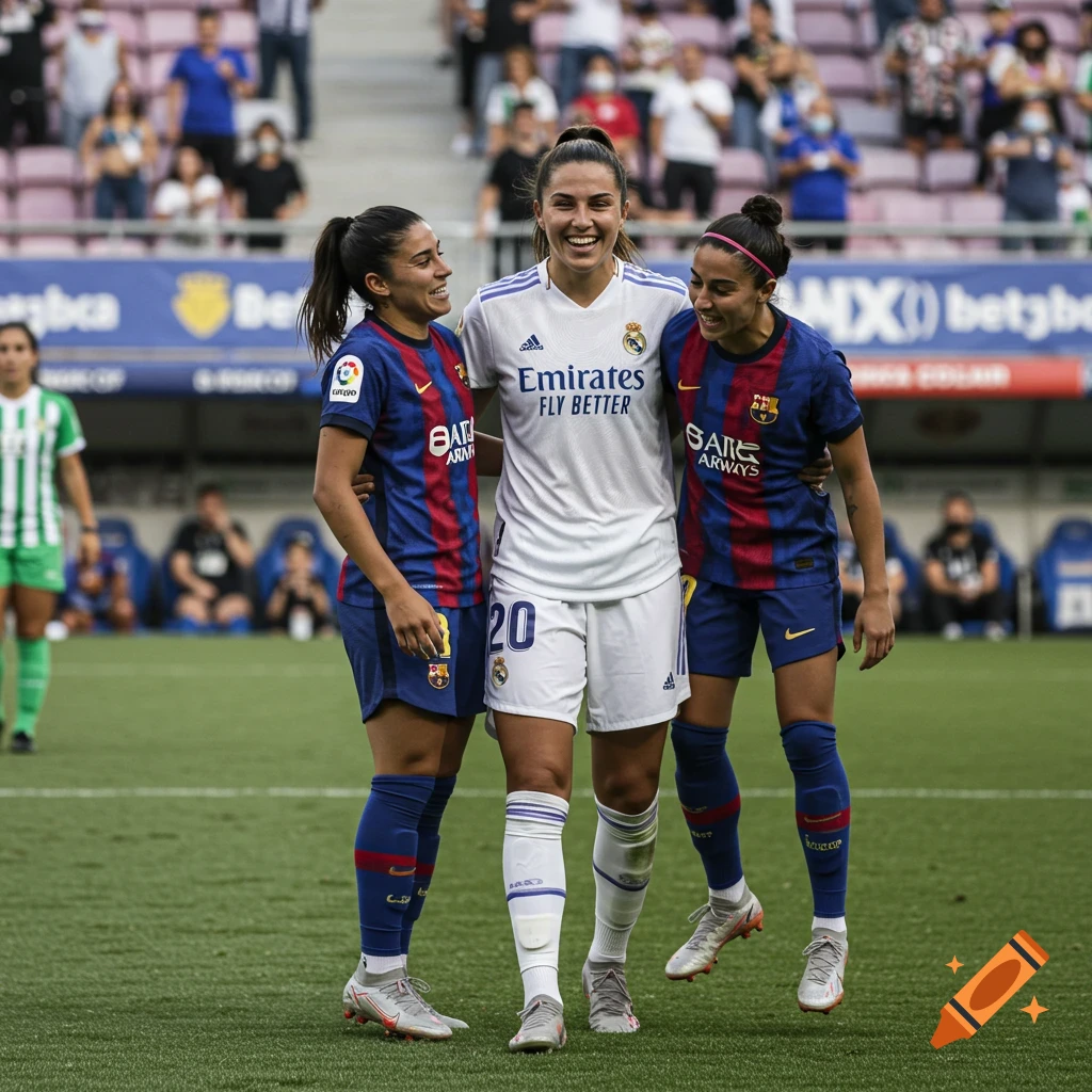 Three smiling women soccer players, one in a white Real Madrid jersey and two in blue and red Barcelona jerseys, pose on a field.
