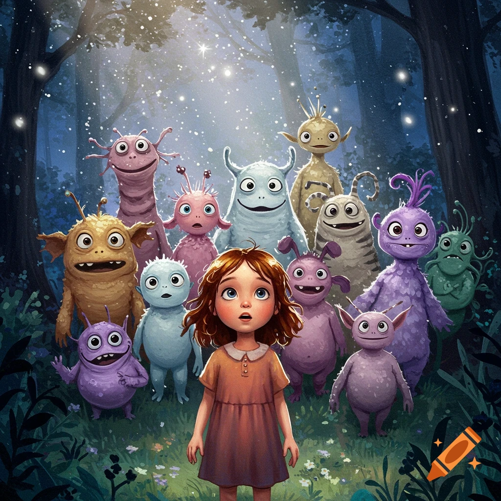 A wide-eyed young girl stands in a magical forest surrounded by a group of colorful, friendly cartoon monsters.