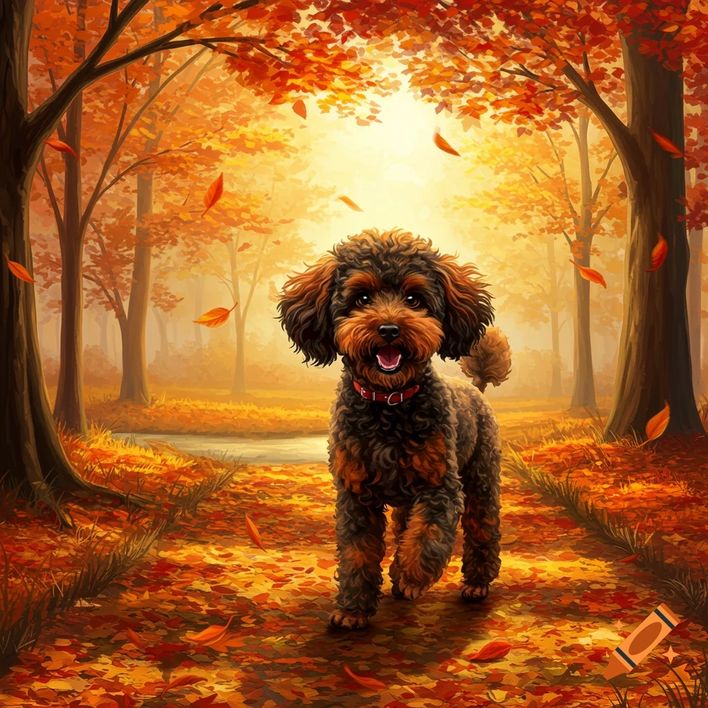 A fluffy brown, black, and orange poodle with a red collar walks on a path covered in fallen leaves in a vibrant autumn forest.