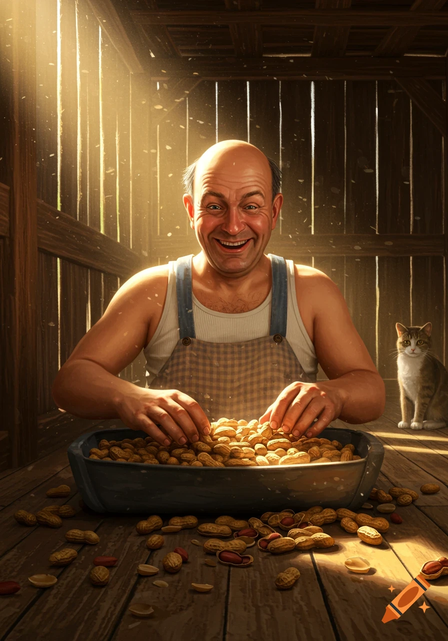 A smiling bald man in a tank top and apron sits in a barn, shelling a trough full of peanuts, with a cat nearby.