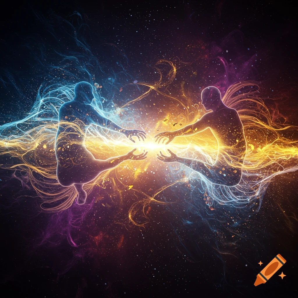 Two glowing abstract human figures reach out in a cosmic expanse of swirling blue, orange, and purple light.