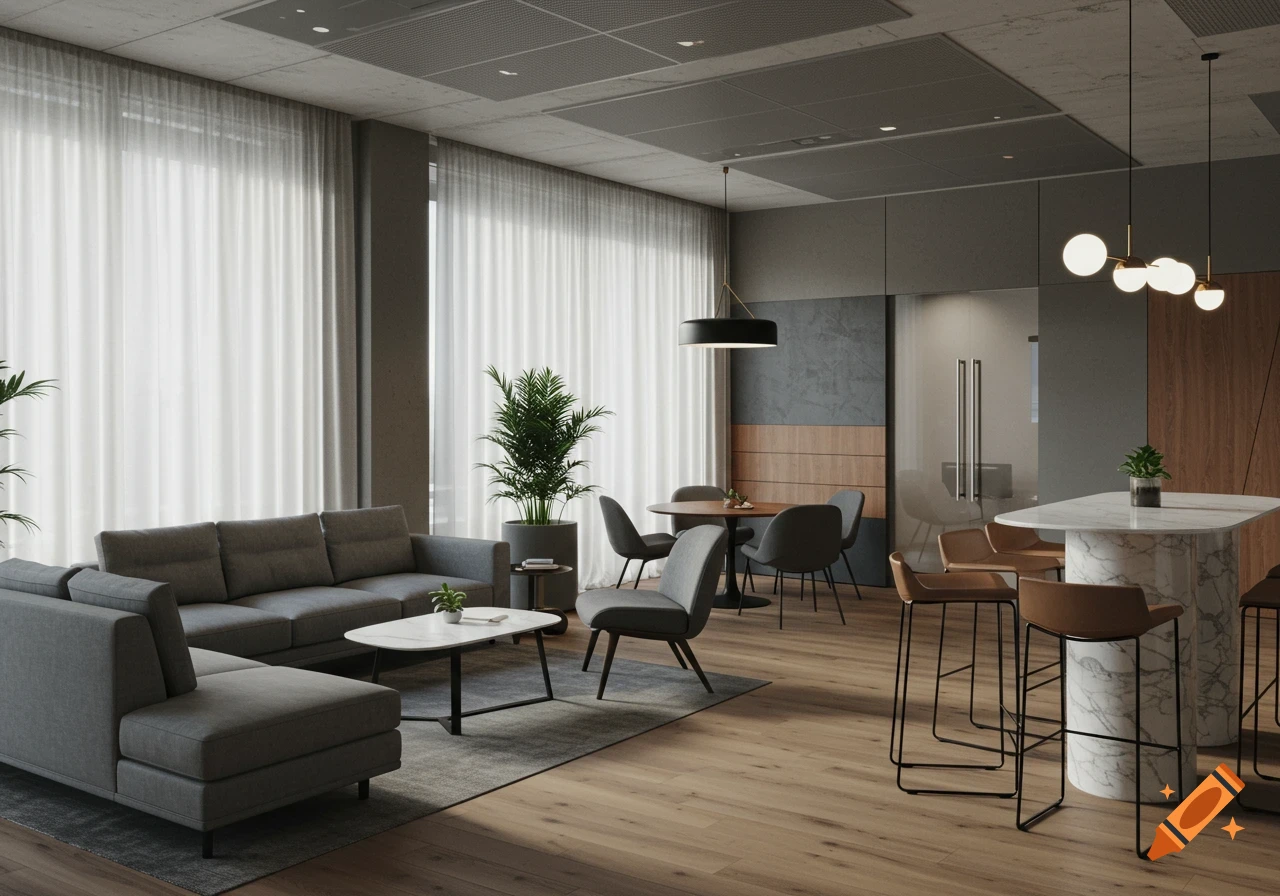 Modern lounge area with a gray sectional sofa, round dining table, high marble bar, and plants, set against large white curtains.