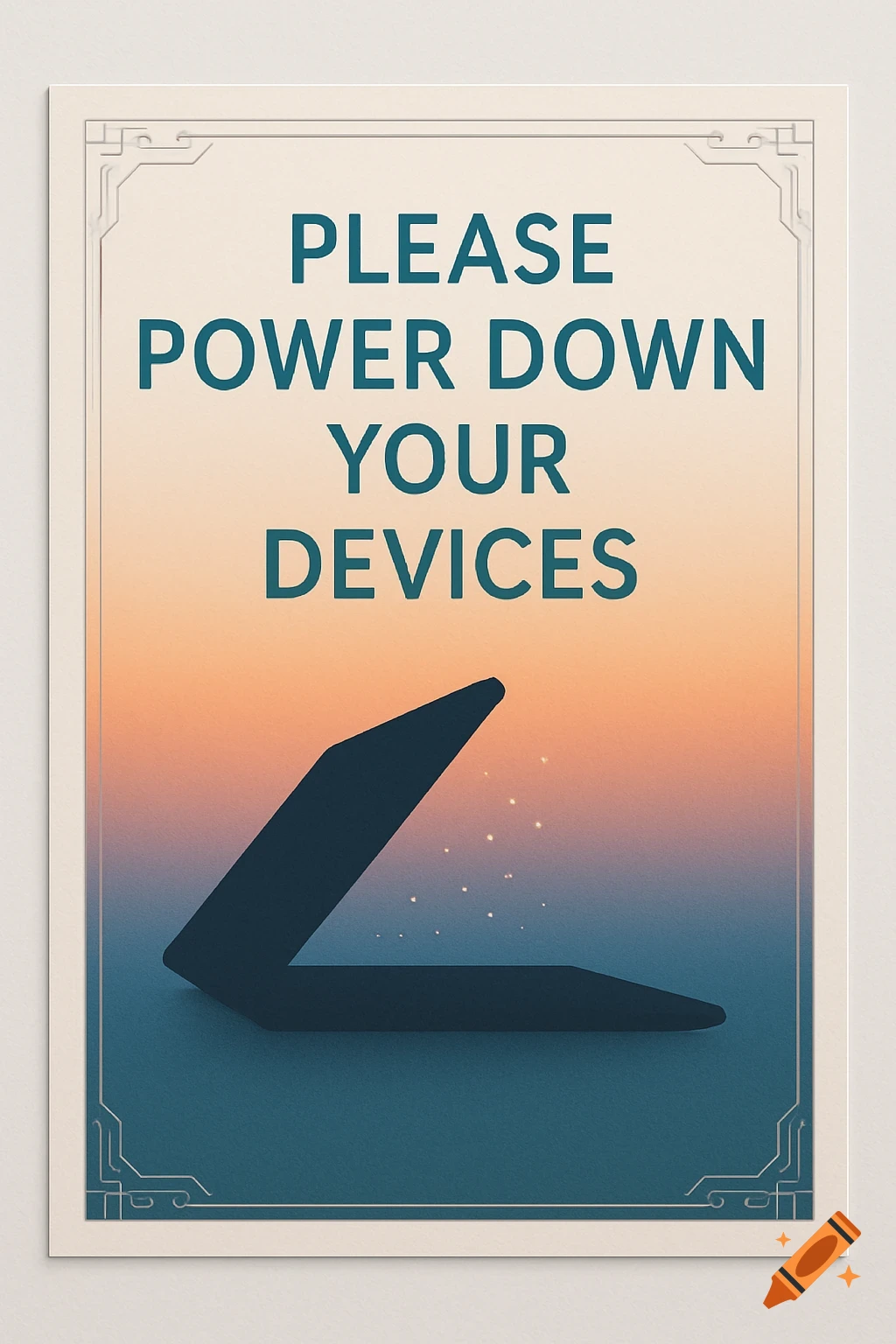 Minimalist illustration poster with 'PLEASE POWER DOWN YOUR DEVICES' text, showing a dark laptop against an orange and blue gradient.