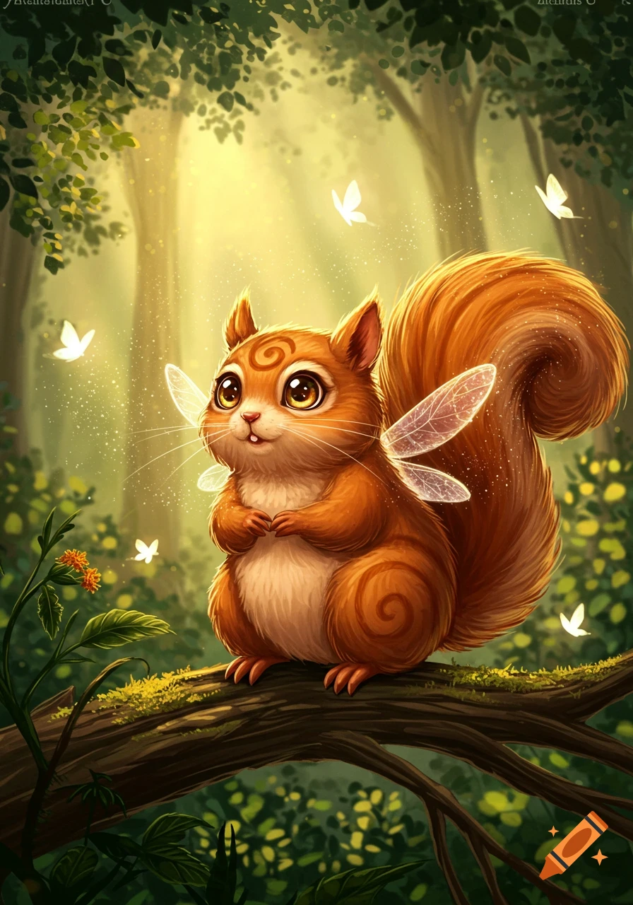 A whimsical, cartoonish fairy squirrel with large eyes and transparent wings sits on a mossy log in a sun-dappled magical forest.