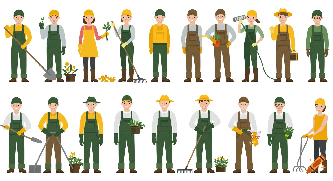A flat vector illustration of 20 diverse gardeners and landscaping workers with tools on a white background.